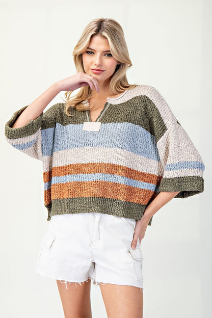 eesome - Striped Notched Collar Top