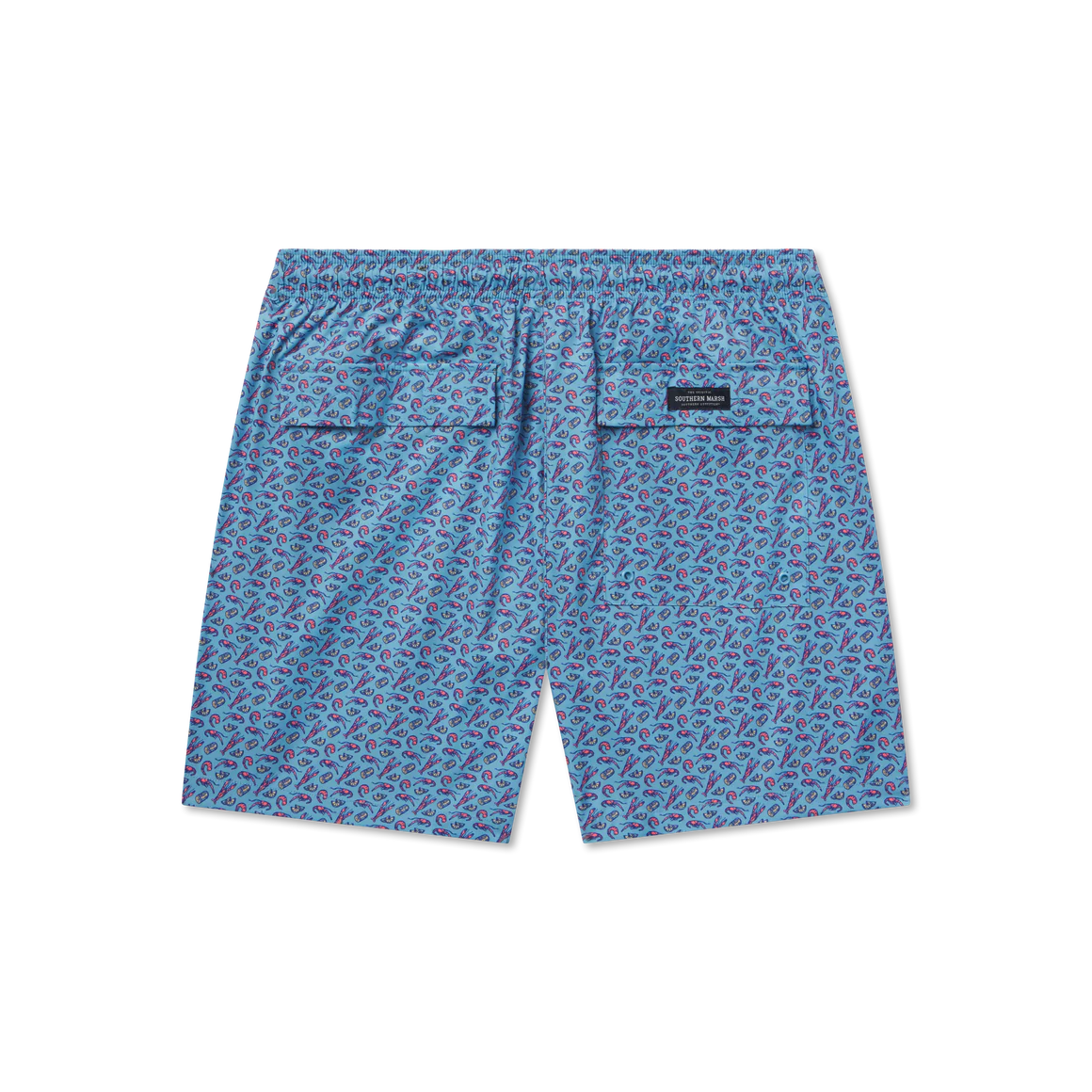 Blue patterned shorts with a brand logo on a white background