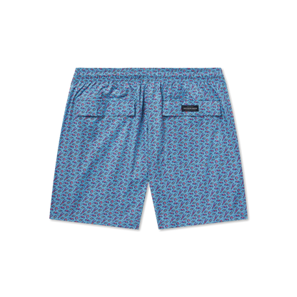 Blue patterned shorts with a brand logo on a white background