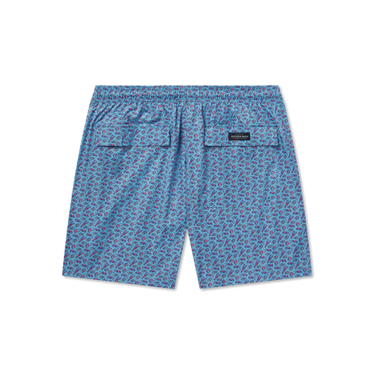 Blue patterned shorts with a brand logo on a white background