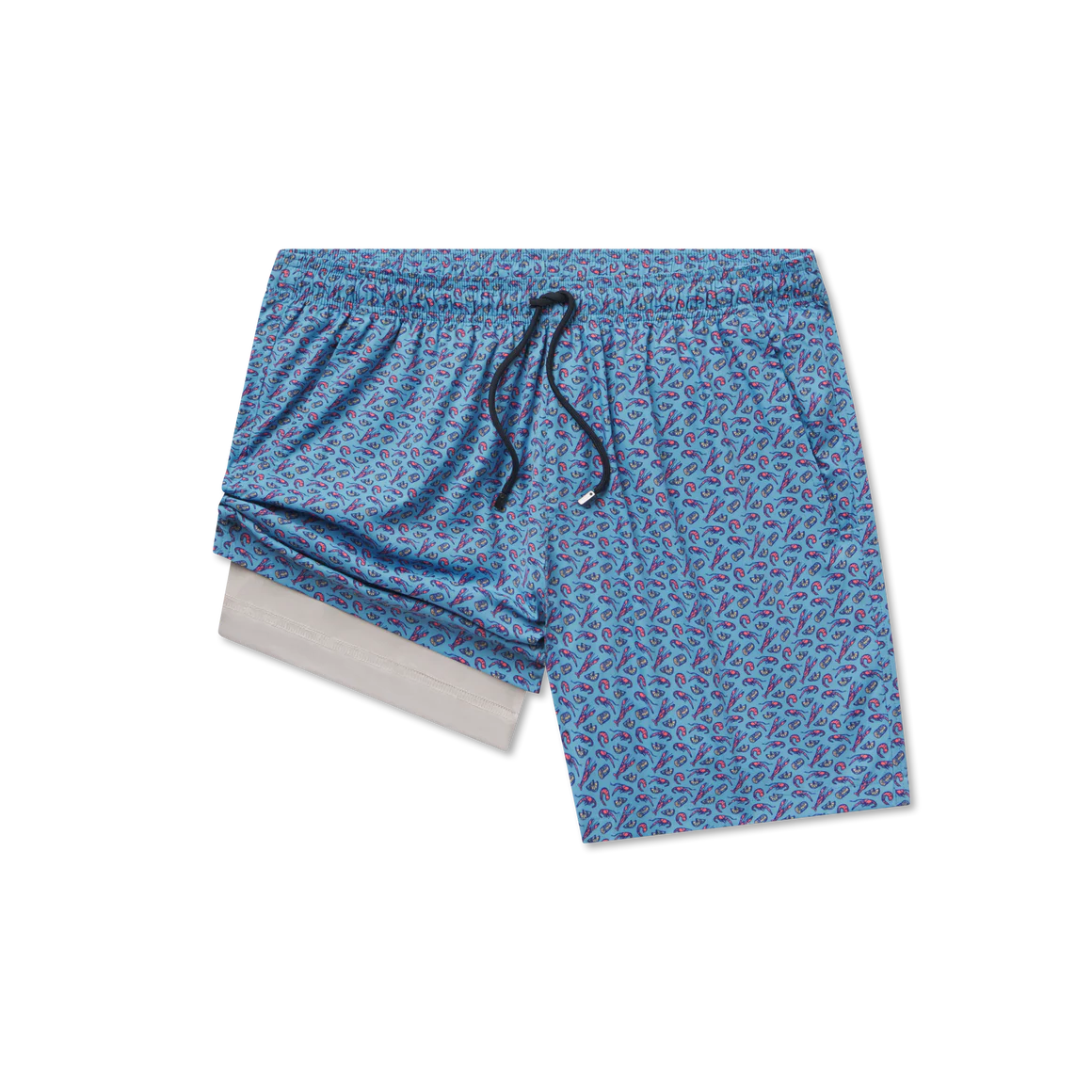 Blue patterned shorts with a drawstring on a white background