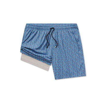 Blue patterned shorts with a drawstring on a white background