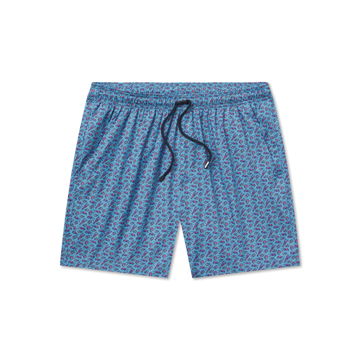 Blue patterned shorts with a drawstring on a white background