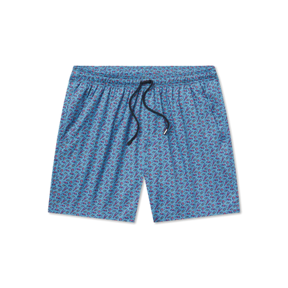 Blue patterned shorts with a drawstring on a white background
