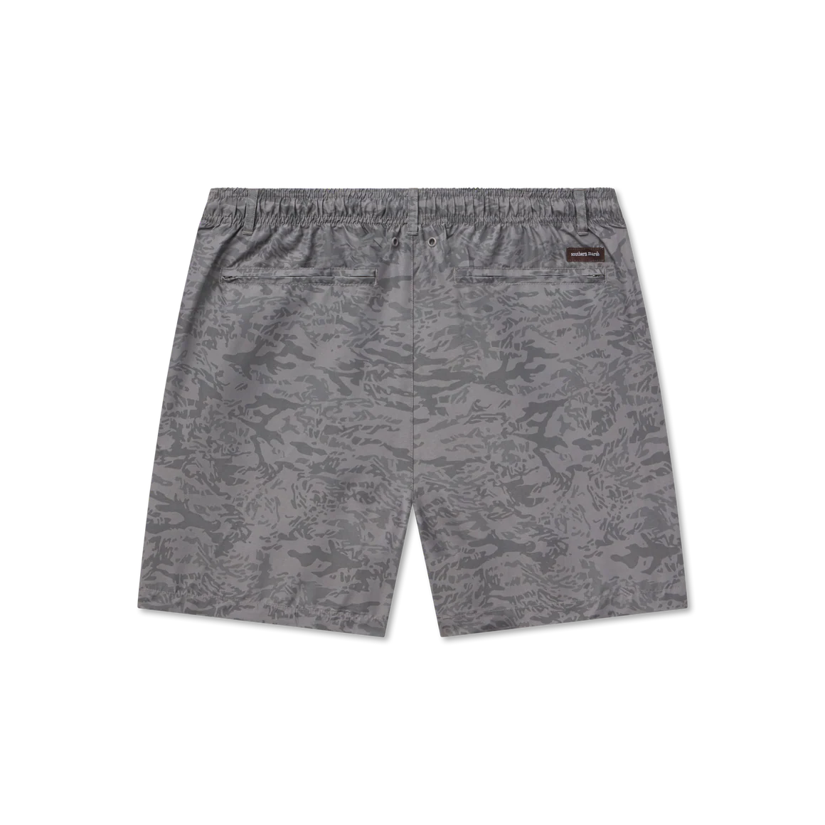 Gray camouflage shorts on a white background