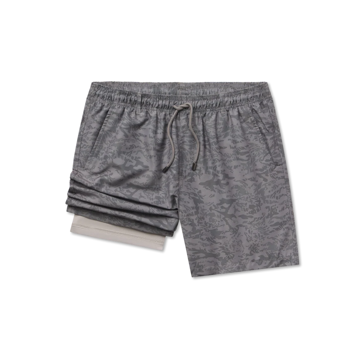 Gray camouflage shorts on a white background