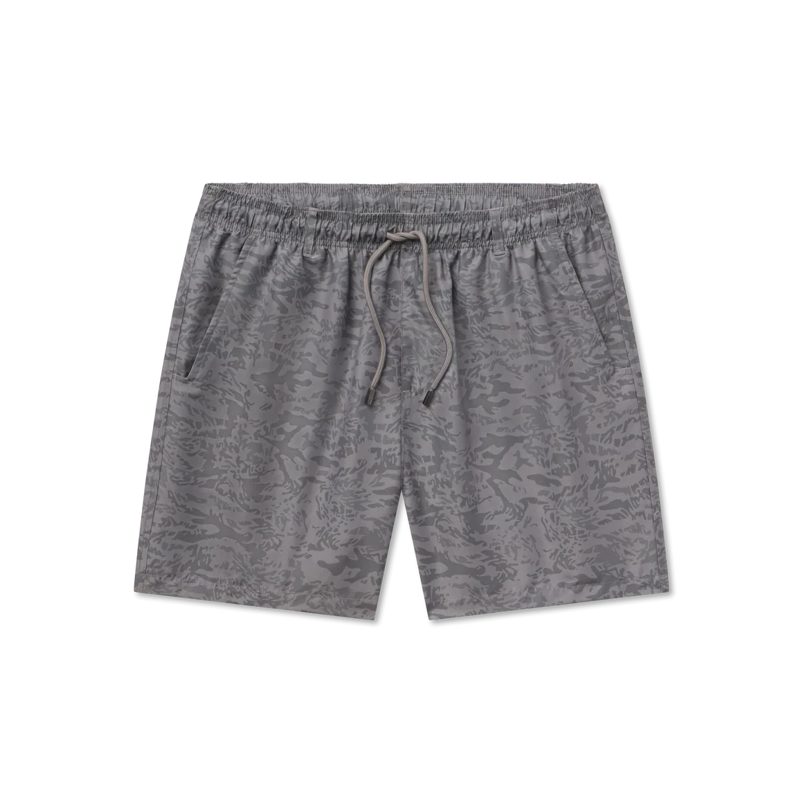 Gray shorts with a drawstring on a white background
