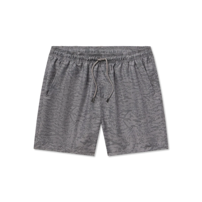 Gray shorts with a drawstring on a white background
