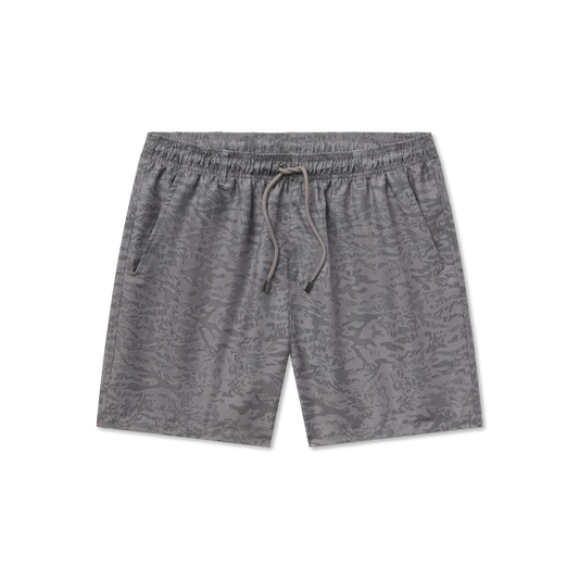 Gray shorts with a drawstring on a white background