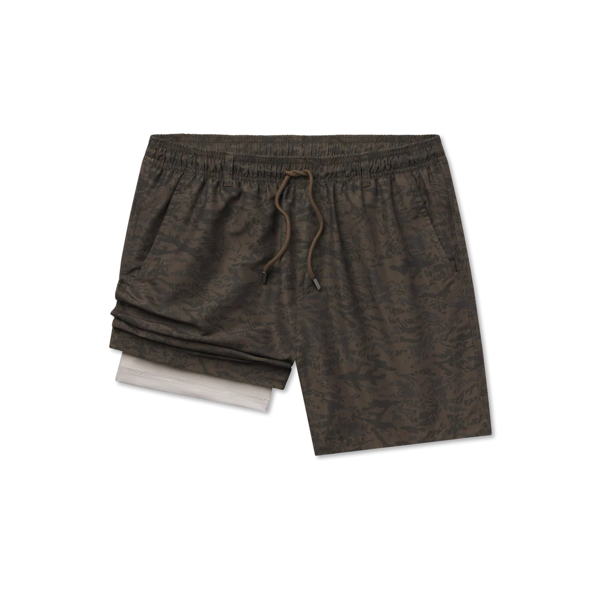 Brown shorts with a drawstring on a white background