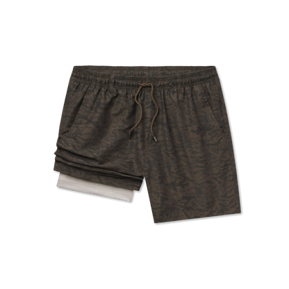 Brown shorts with a drawstring on a white background