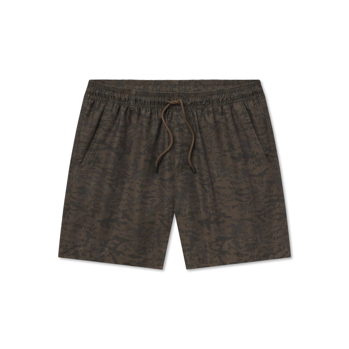 Brown patterned shorts with drawstring on a white background