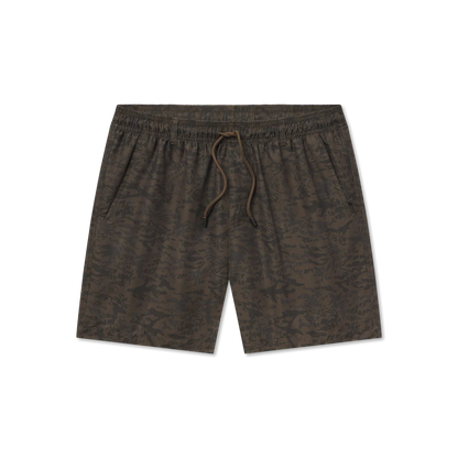 Brown patterned shorts with drawstring on a white background