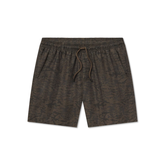 Brown patterned shorts with drawstring on a white background