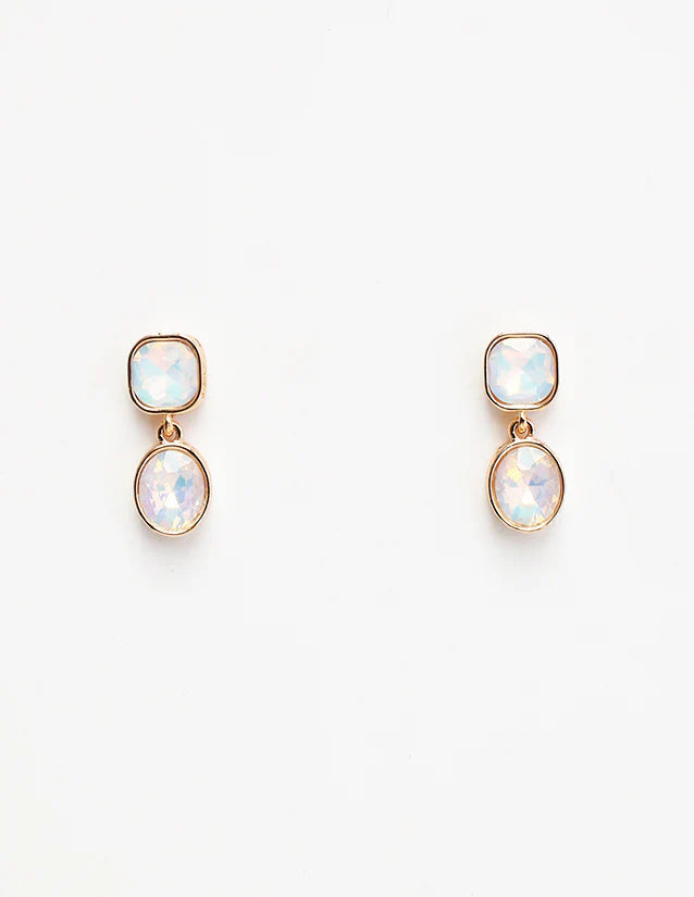 Rose gold earrings with clear gemstones on a white background