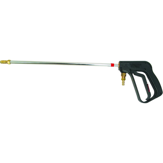 Pressure washer spray gun with long metal lance and black ergonomic handle