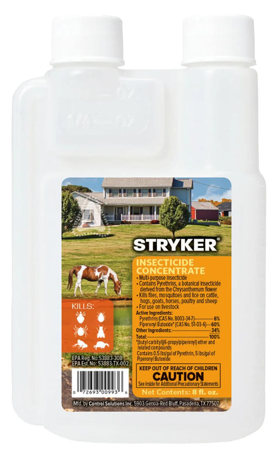 Stryker insecticide concentrate 8oz bottle for livestock pest control, front label visible.
