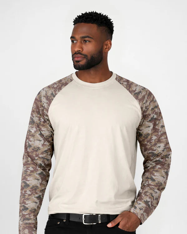Man wearing a white baseball shirt with camouflage sleeves on a white background