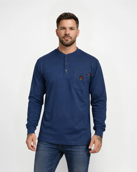 Man wearing a blue long-sleeve henley shirt with a brand logo on a white background
