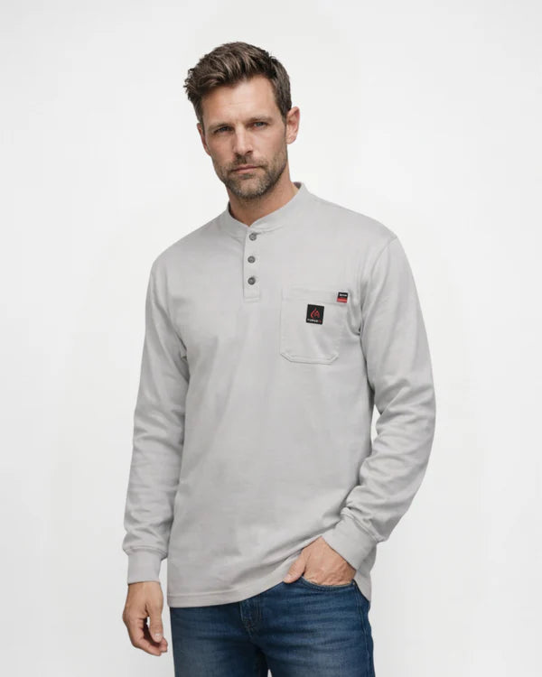 Man wearing a light gray long-sleeve henley shirt with a small logo on a white background