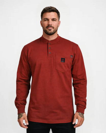Man wearing a red long-sleeve henley shirt with a brand logo on a white background