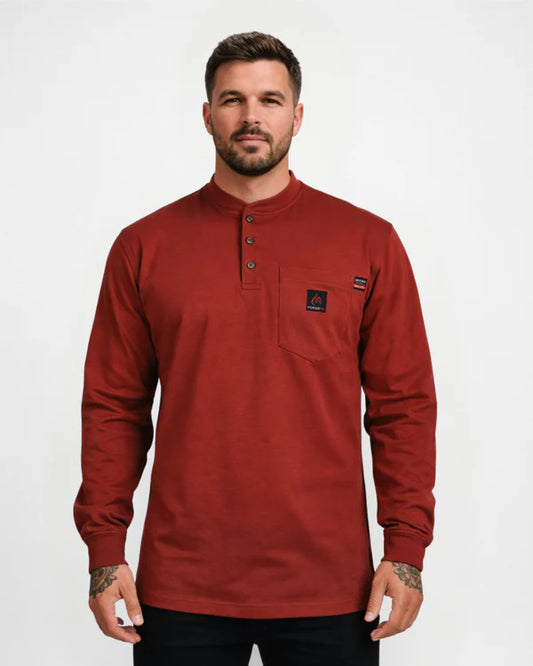 Man wearing a red long-sleeve henley shirt with a brand logo on a white background