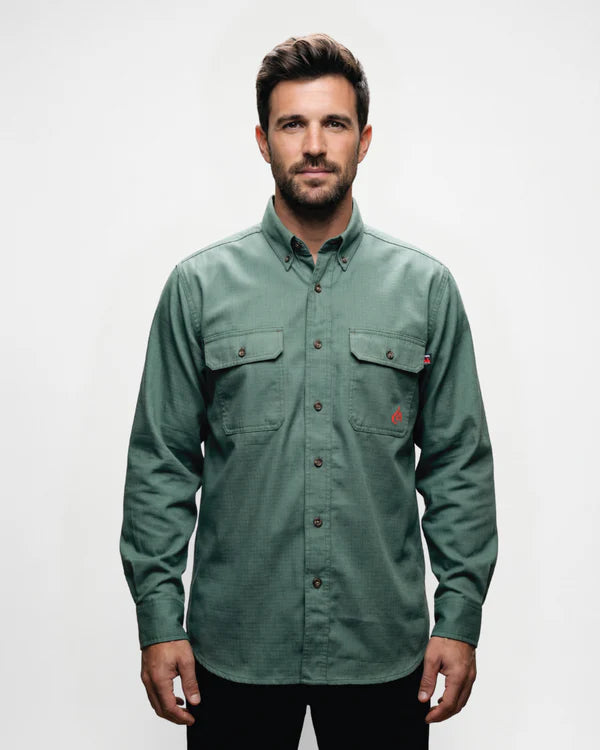 Man wearing a green shirt against a white background