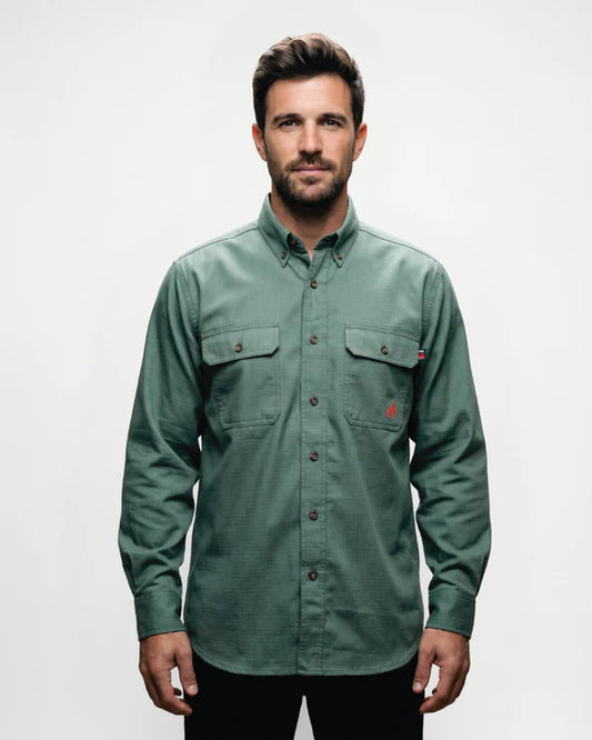 Man wearing a green shirt against a white background