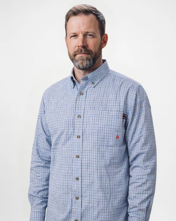 Man wearing a blue checkered shirt with a brand logo on a white background