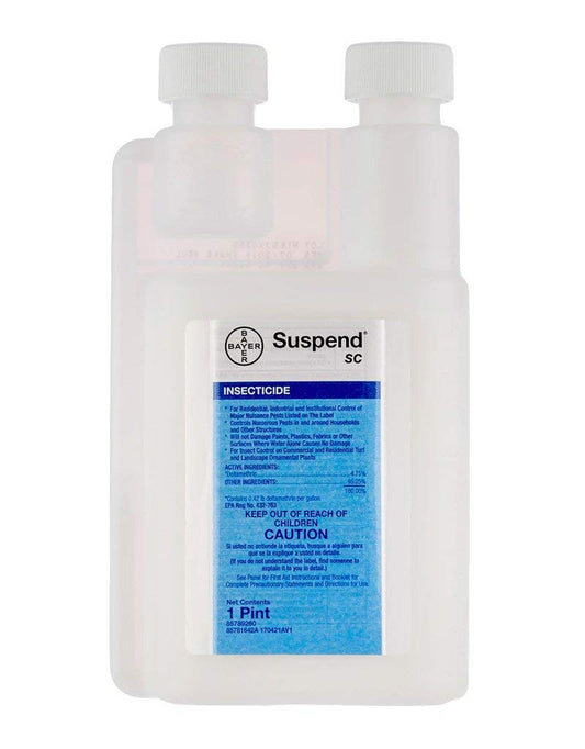 Clear plastic bottle of Suspend SC insecticide with dual measuring chambers and blue label