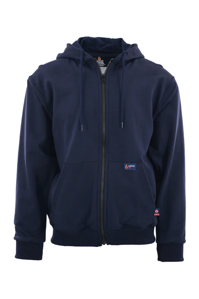 Lapco SWHFR14Z navy hoodie with zipper and drawstrings, on a white background