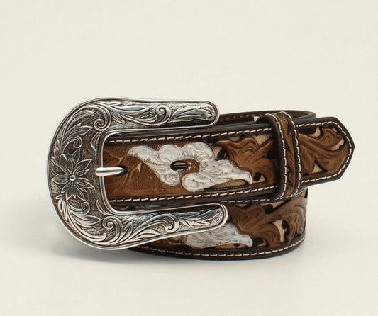 Nocona Girl's Brown Flower Pattern Leopard Inlay Belt - N4440902