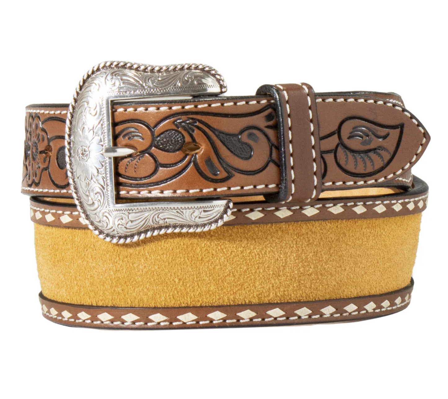 Nocona Brown Roughout Leather Belt with Floral Tabs -