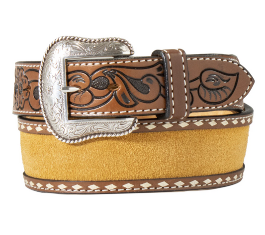 Nocona Brown Roughout Leather Belt with Floral Tabs -