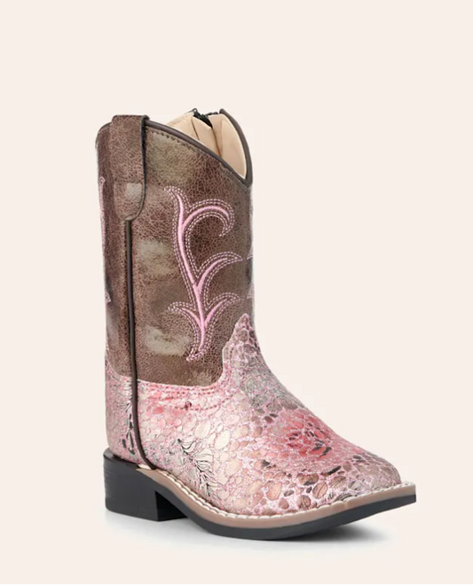 Old West Toddler Brown and Crackle Antique Pink Cowboy Boots- VB1054