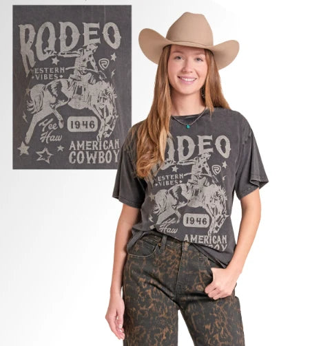 Classic rodeo graphic tee in bold black. Oversized fit from Panhandle Slim delivers that laid-back Western vibe