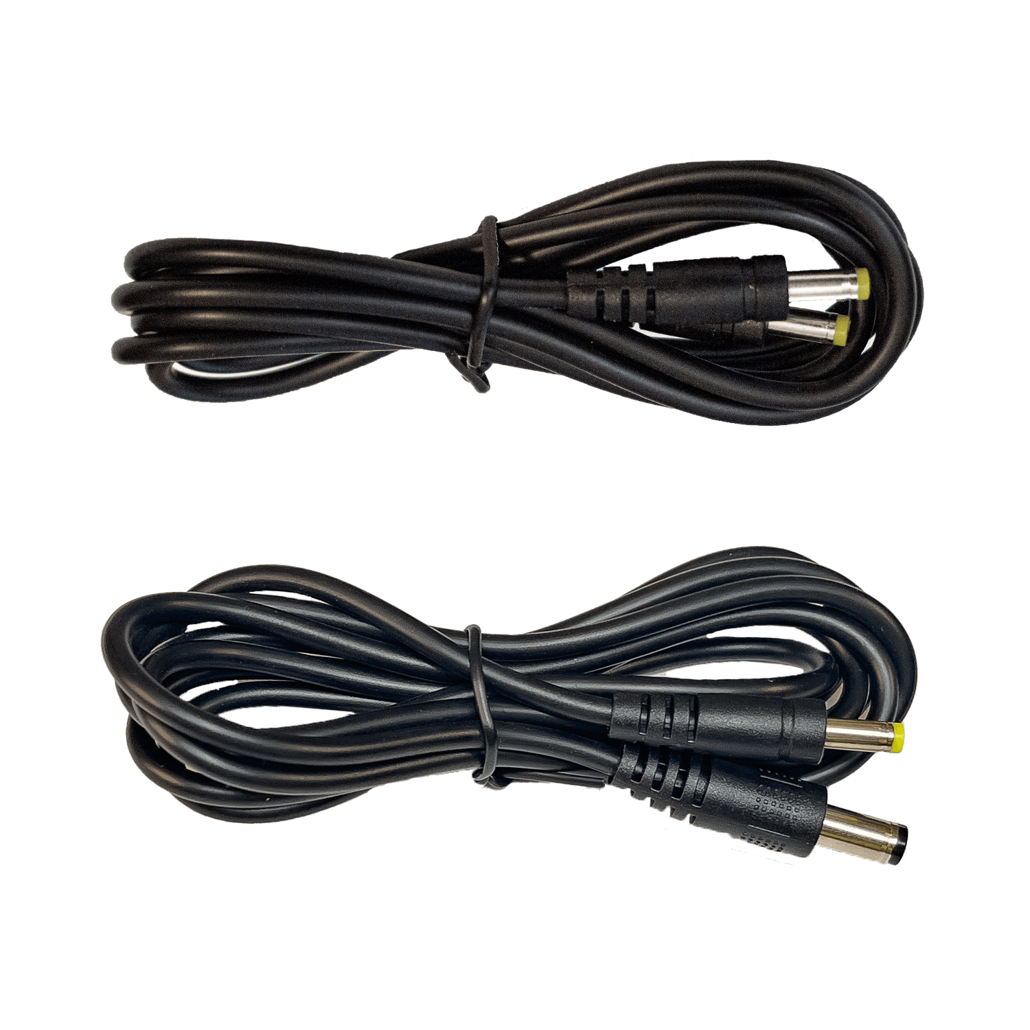 Two black cables with power connectors on a white background