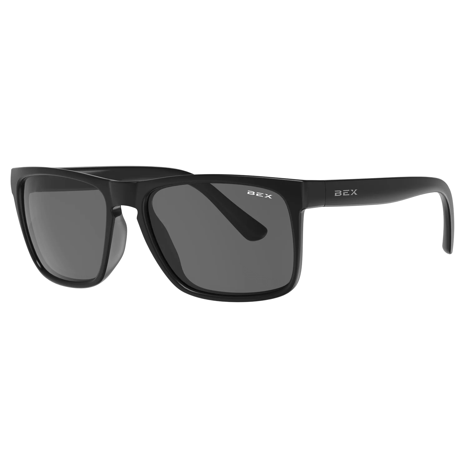 Black square sunglasses with gray lenses and subtle logo on the frame