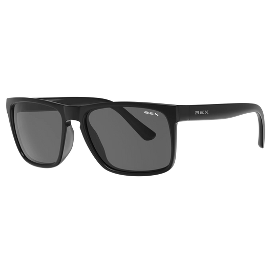Black square sunglasses with gray lenses and subtle logo on the frame