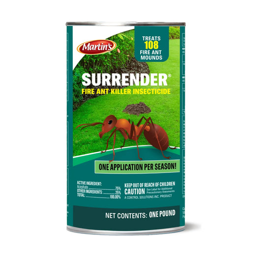A one-pound can of Martin's Surrender Fire Ant Killer Insecticide, featuring a green and teal label with an illustration of a fire ant.