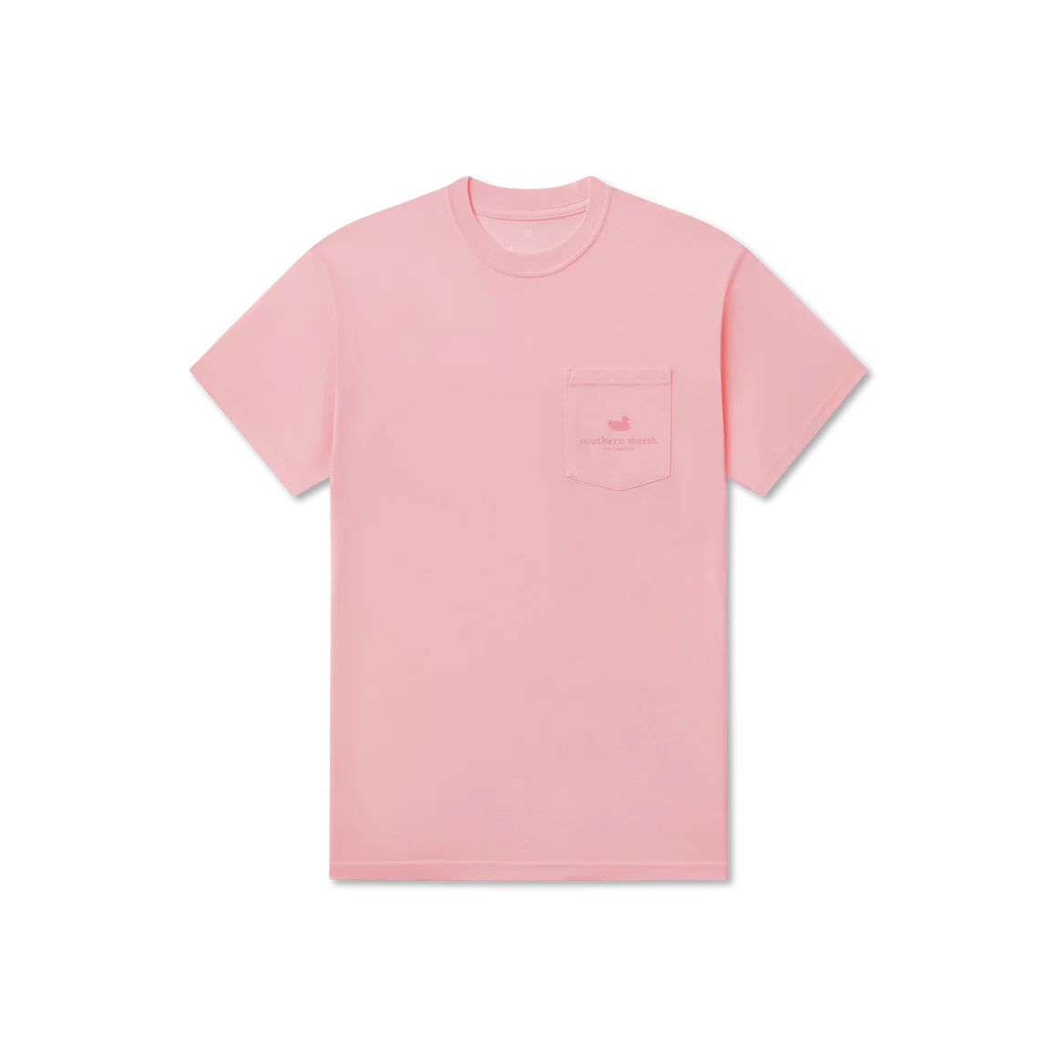 Pink t-shirt with a small logo on a white background