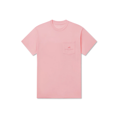 Pink t-shirt with a small logo on a white background