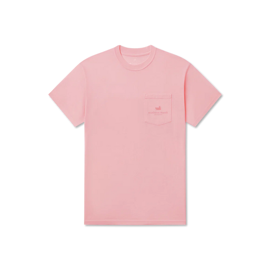 Pink t-shirt with a small logo on a white background