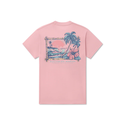 Pink t-shirt with tropical graphic on a white background