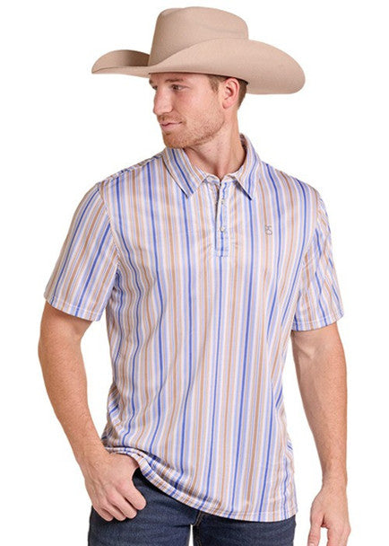 A man wearing a beige cowboy hat and a short-sleeve button-up shirt with vertical stripes in blue, orange, and white, paired with dark jeans, photographed against a plain white background.