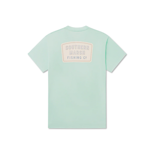 Light blue t-shirt with a logo on the back against a white background