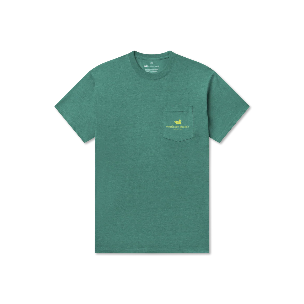 Green t-shirt with a small logo on a white background
