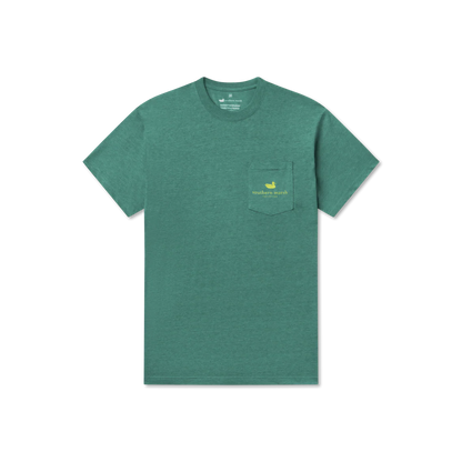 Green t-shirt with a small logo on a white background