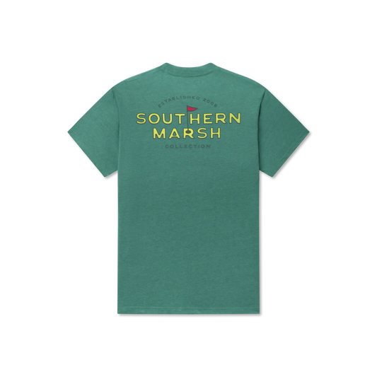 Green t-shirt with Southern Marsh logo on the back against a white background