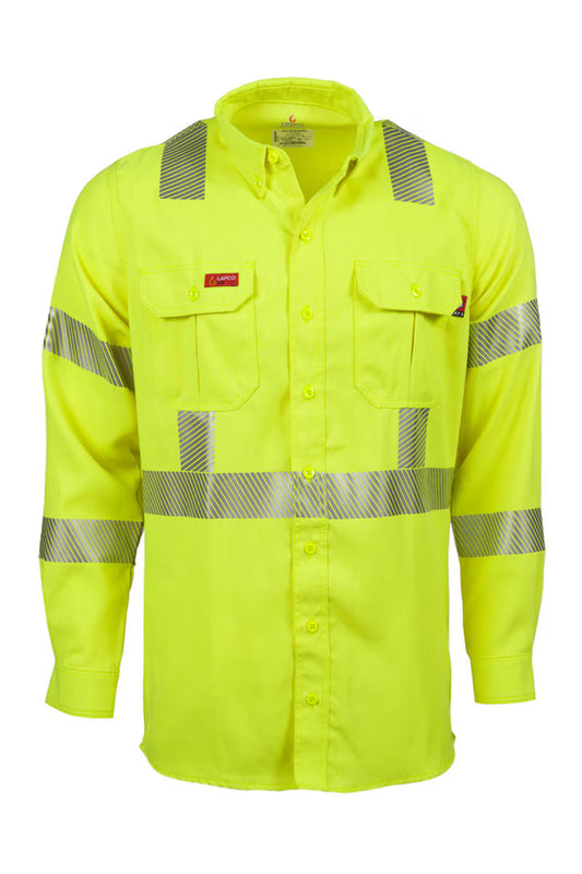 High-visibility yellow work shirt with reflective stripes on a white background